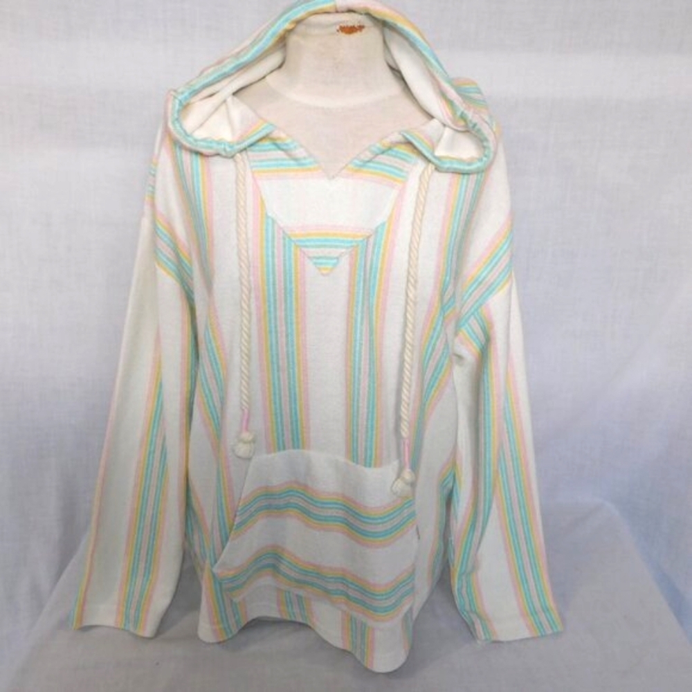 Bloom + Pop Terry Boho Hoodie Pullover Pastel Striped Kangaroo pocket Womens M